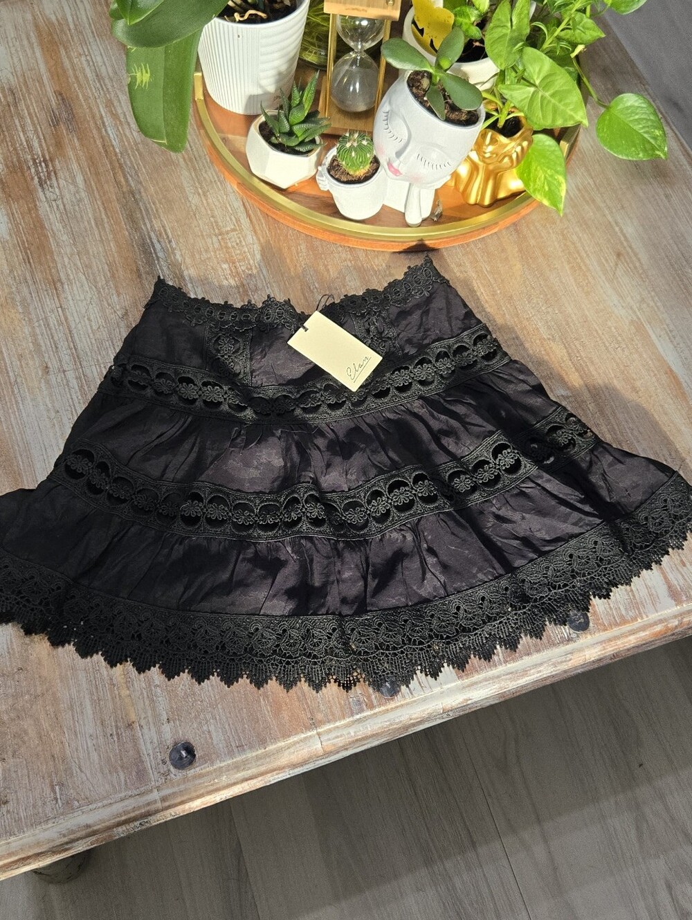 Elan Black Tiered Lace-Trim Circle Skirt